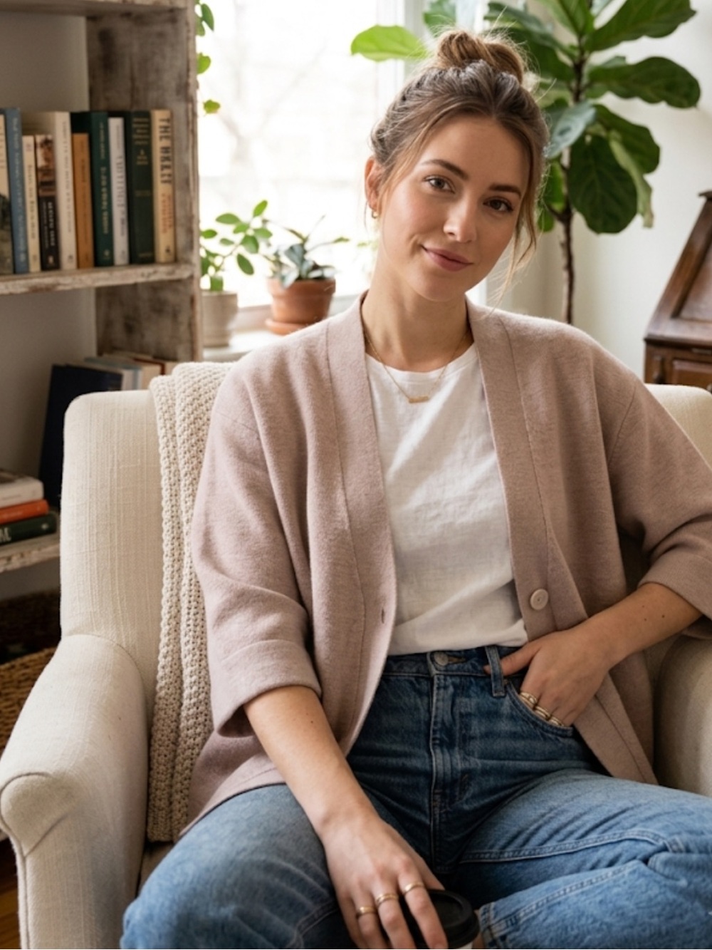 THE RESET R Label Womens 100% Wool Single Button Cardigan Mauve Beige Size M